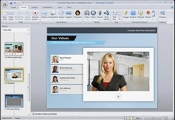 Screenshot of presentation software displaying “Our Values” slide with employee headshots and a centered portrait of a woman.