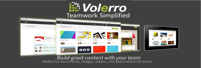 Screens display Volerro dashboards and content thumbnails beneath a green logo and white tagline against dark gray.