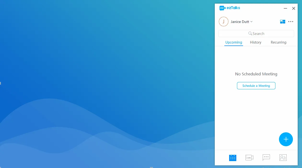 Calendar interface on a blue background shows Janice Dutt’s upcoming panel with no scheduled meeting and scheduling button.