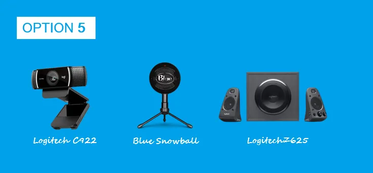 Product lineup displays a Logitech C922 webcam, Blue Snowball microphone, and Logitech Z625 speakers on a blue background.