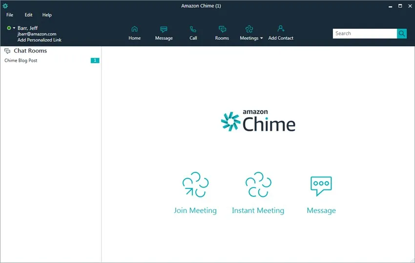 Amazon Chime desktop interface displays Join Meeting, Instant Meeting, and Message options beneath its logo.
