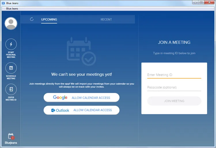 BlueJeans desktop app window displays an upcoming meetings tab, calendar access buttons, and meeting ID and passcode fields.