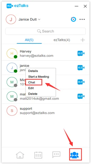 Interface displays a contact list, an open menu highlighting “Chat,” and red arrows pointing to chat controls.