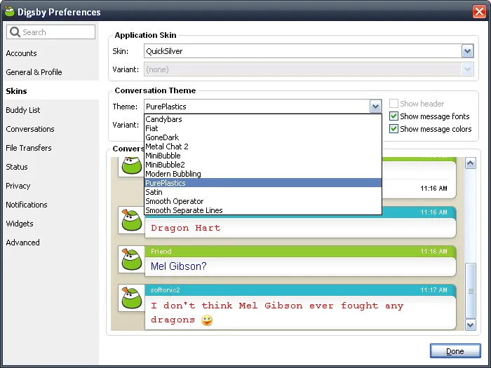 Digsby Preferences window displays a theme dropdown over colorful chat panels with green cartoon avatars.