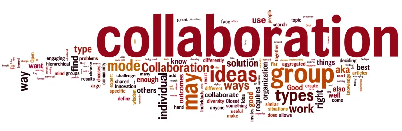 Word cloud dominated by “collaboration” in burgundy, with smaller orange, brown, and black words surrounding it.