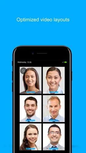 Smartphone displays a six-person video call grid against a blue background with “Optimized video layouts” above.