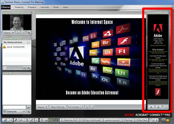 Screenshot of Adobe Connect meeting interface with a webcam portrait left, Adobe graphic centered, and attendee panel right.