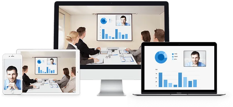 Devices display a business meeting, charts, and a portrait across a desktop monitor, laptop, tablet, and smartphone.