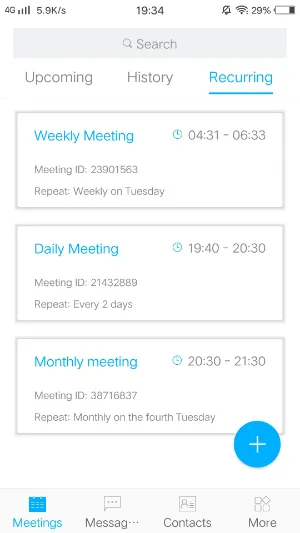 Smartphone screen displays three recurring meeting cards, navigation tabs, a blue plus button, and bottom menu icons.