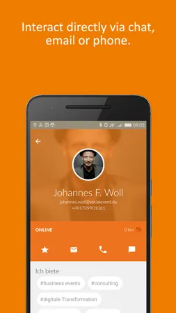 Smartphone displays an orange contact profile for Johannes F. Woll, with portrait, status, communication icons, and hashtag buttons.