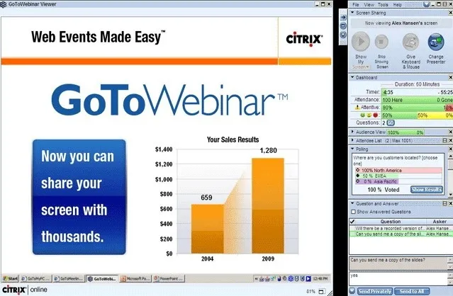 Screenshot displays a GoToWebinar presentation with sales bars and a webinar control panel on the right.