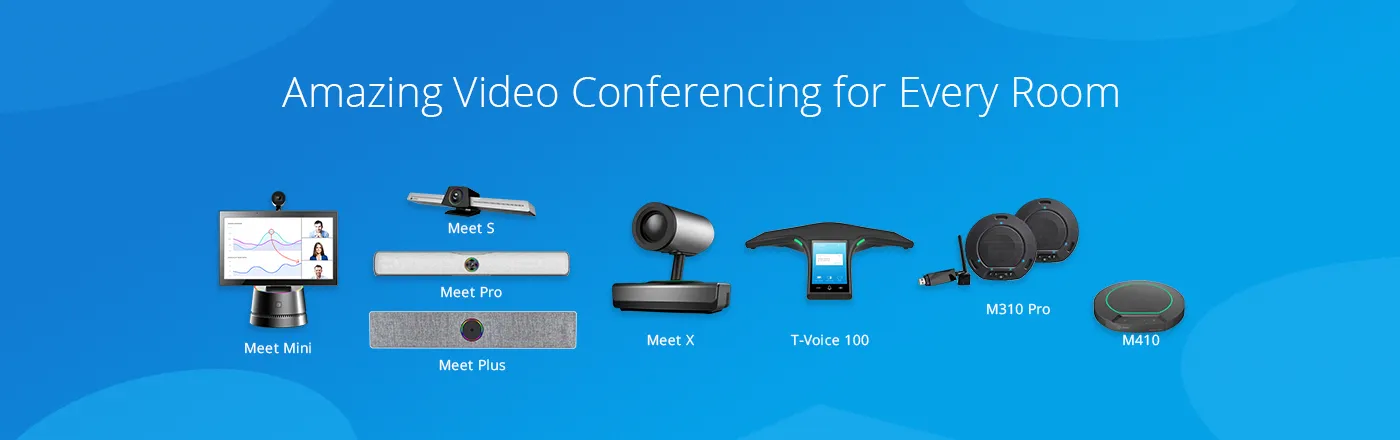 Blue graphic displaying multiple video conferencing devices labeled Meet Mini, Meet S, Meet Pro, Meet Plus, Meet X, T-Voice 100, M310 Pro, and M410.