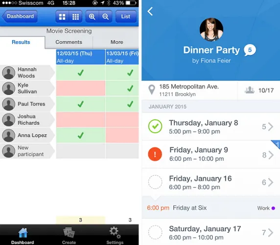 Smartphone screens display a movie screening schedule with participant checkmarks and a dinner party event list.