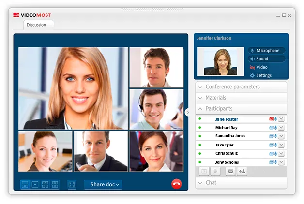 Video conferencing interface displays six participant portraits, a presenter panel, controls, and a participant list in blue-and-white windows.