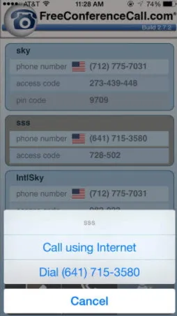 Smartphone screen displays conference call details and a popup offering “Call using Internet,” “Dial (641) 715-3580,” and “Cancel.”