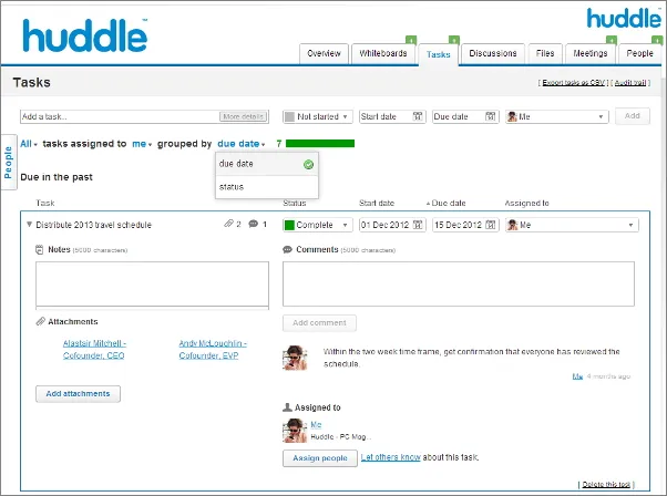 Task-management webpage displays a Huddle interface with tabs, filters, a completed travel-schedule task, notes, comments, attachments, and assignee avatars.