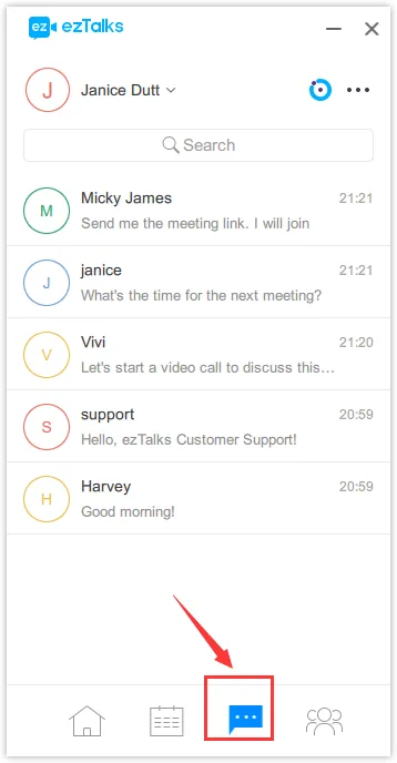 Messaging app window displays contact conversations, with a blue chat icon highlighted by a red arrow in the bottom navigation.