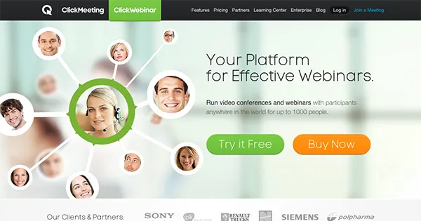 Webpage displays a central headset-wearing woman connected to participant portraits, with green and orange call-to-action buttons.