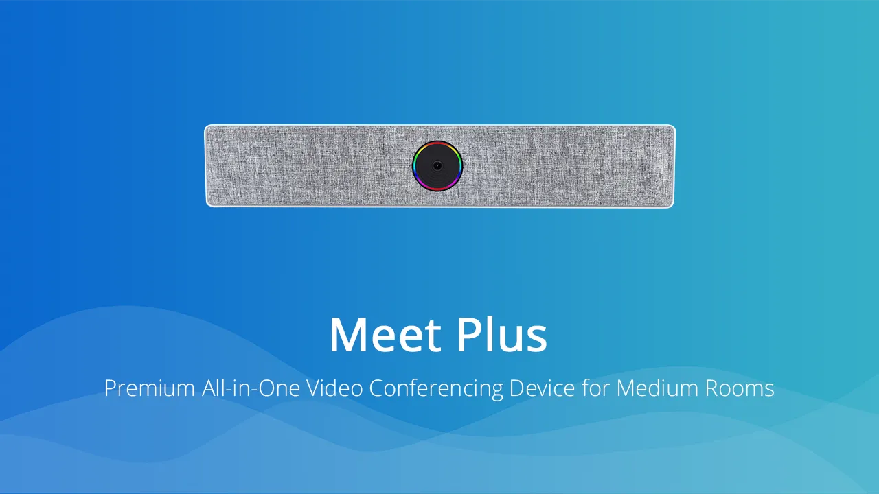 Video conferencing device with a central camera appears above “Meet Plus” text on a blue gradient background.