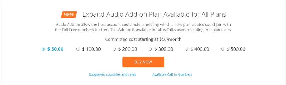 Pricing panel displays an audio add-on plan with radio options, orange Buy Now button, and informational links.