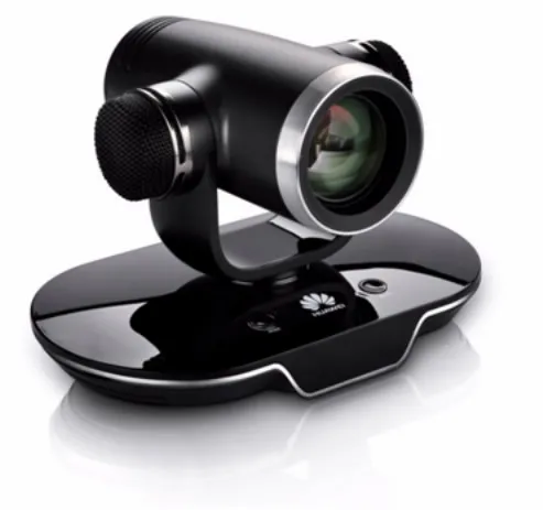 Black Huawei webcam with large lens mounted on a glossy oval base against a white background.