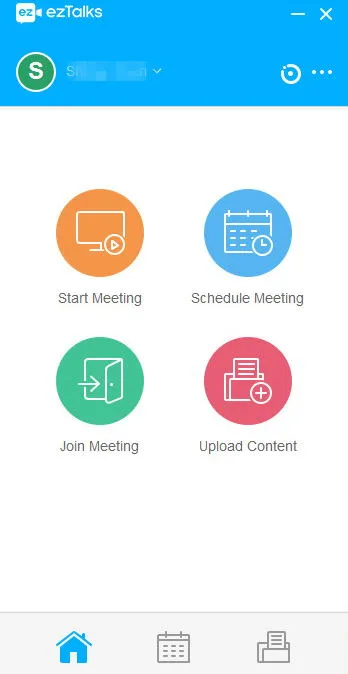 EzTalks app home screen displays four colorful buttons for starting, scheduling, joining meetings, and uploading content.
