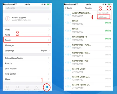 Smartphones display an app menu with “Rooms” highlighted beside a room list featuring an “Add Room” button.