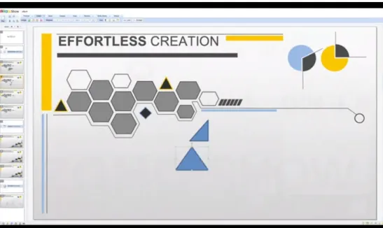 Presentation slide displays “EFFORTLESS CREATION,” gray hexagons, colored geometric shapes, and pie charts on a white background.