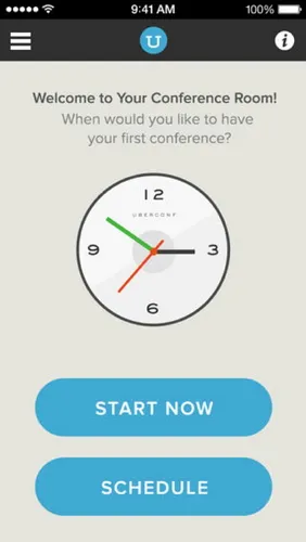 Smartphone screen displays a conference room welcome message, analog clock, and blue “Start Now” and “Schedule” buttons.
