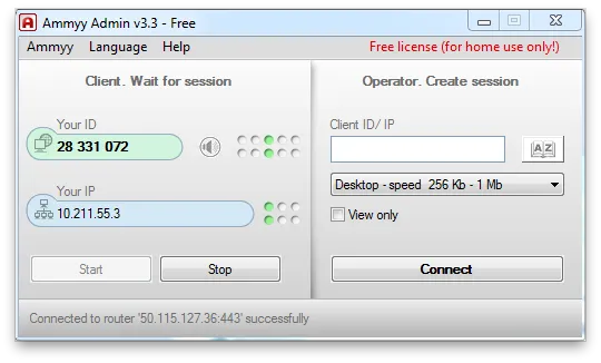 Ammyy Admin window displays client and operator panels, ID fields, controls, and a successful router connection message.
