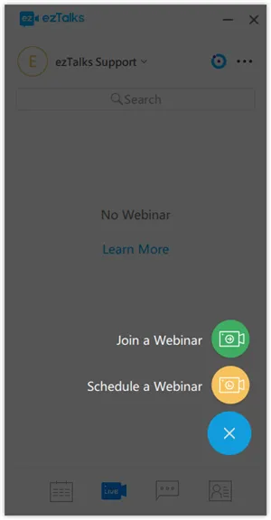 Window displays a darkened ezTalks interface with “Join a Webinar,” “Schedule a Webinar,” and blue-green circular controls.