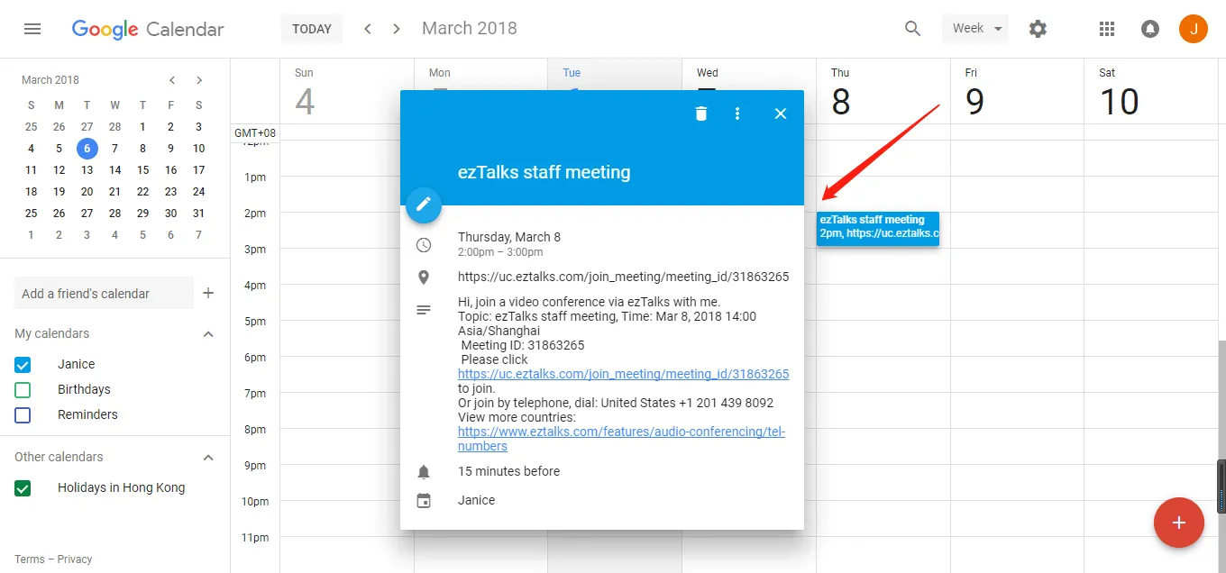 Google Calendar displays a March 2018 week view with an open blue “ezTalks staff meeting” event and meeting details.