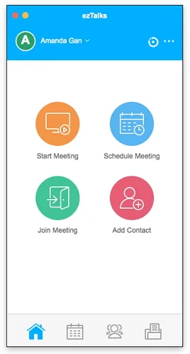 Smartphone screen displays a blue-header app menu with four colored meeting and contact icons and bottom navigation bar.