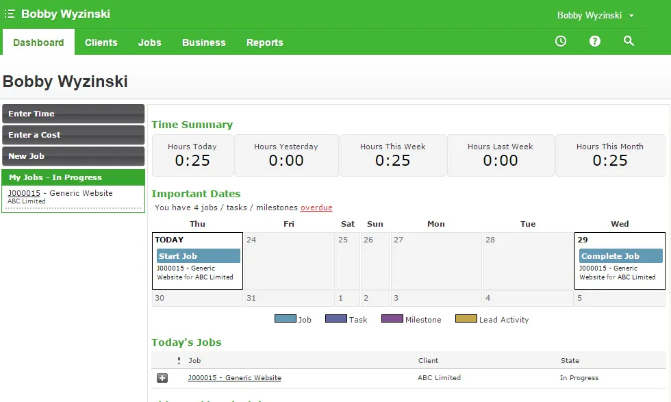 Dashboard screenshot with green navigation, time summaries, an overdue calendar, job controls, and an in-progress website project.