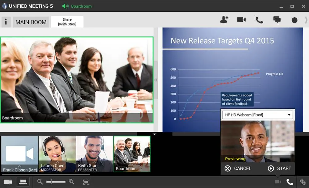 Video conference interface displays a boardroom group, blue Q4 2015 chart, participant thumbnails, and a webcam preview.