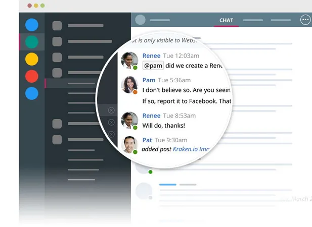 Chat interface displays colored sidebar icons and a magnified conversation with participants exchanging messages.