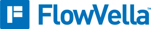 FlowElla logo with a blue square icon featuring white geometric shapes and bold blue lettering.