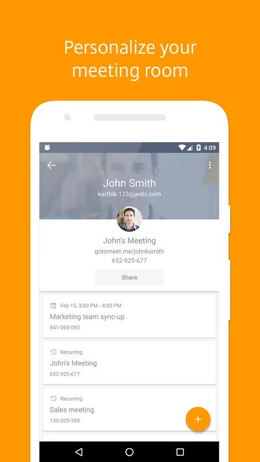 Smartphone screen displays John Smith’s profile and a list of scheduled meetings against an orange background.