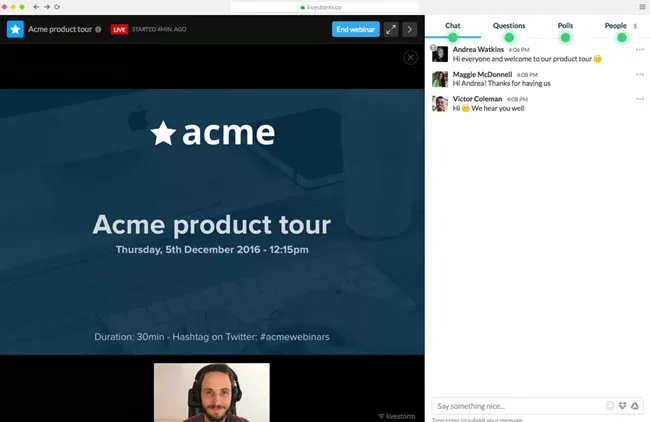 Webinar interface displays an Acme product tour title slide, presenter video below, and chat messages in a right-hand panel.