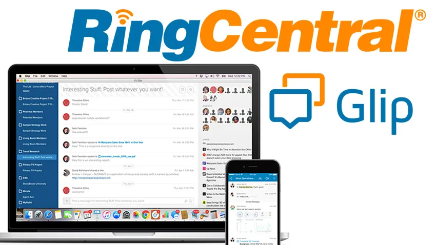 Laptop and smartphone display a messaging interface beneath RingCentral and Glip logos on a white background.
