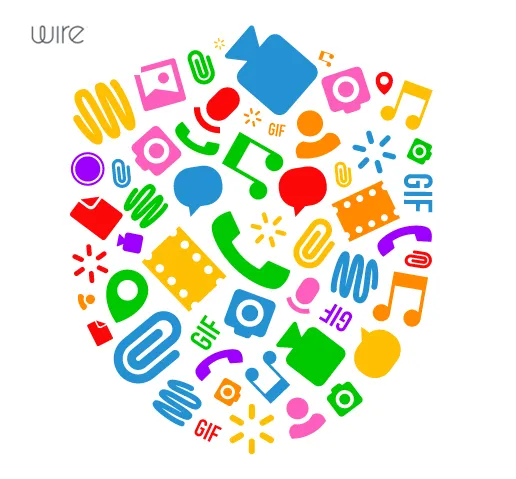 Icons for calls, messages, music, and social media form a colorful diamond-shaped cluster on a white background.