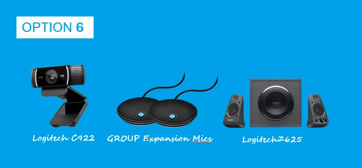 Blue graphic labeled “OPTION 6” displays a Logitech C922 webcam, expansion microphones, and Logitech Z625 speaker system.