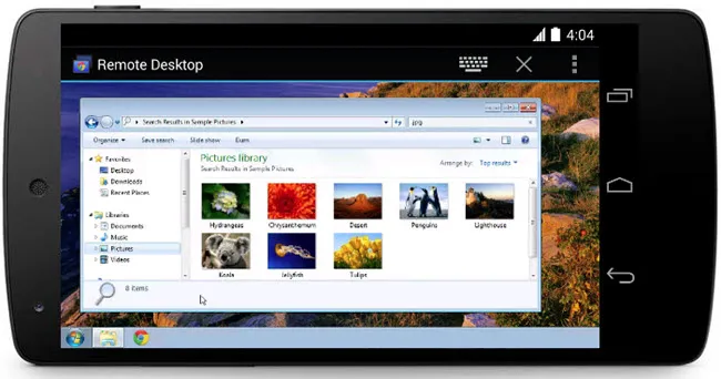 Tablet displays a remote desktop window with a Windows Pictures library, thumbnails, taskbar, and Android navigation buttons.