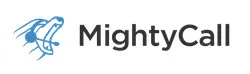 MightyCall logo with a blue stylized globe and phone icon beside bold black text on a white background.