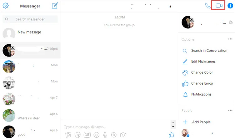Messenger interface shows a conversation list left, blank chat center, options panel right, and highlighted video camera.
