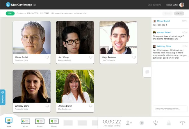 Dashboard displays five participant portraits in a grid, chat messages on the right, and controls along the bottom.
