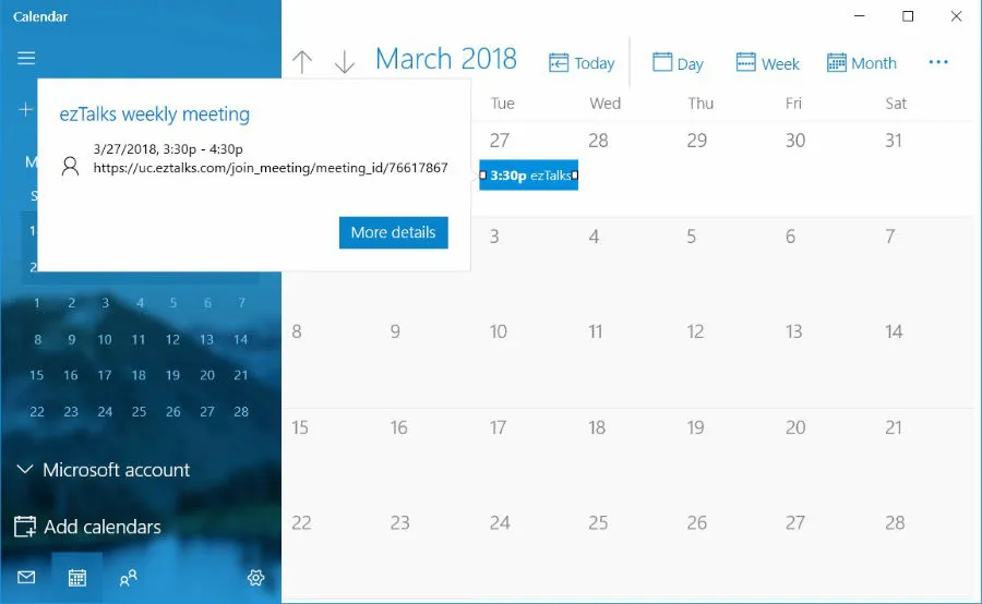 Calendar interface displays March 2018 in month view, with popup for ezTalks weekly meeting scheduled March 27.