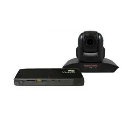 Webcam with a rotating lens sits behind a black rectangular conference speakerphone on a white background.