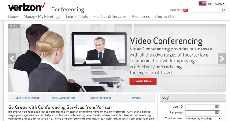 Verizon conferencing webpage shows two people viewing a monitor with a video call, alongside navigation menus and login fields.
