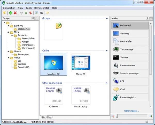 Software window displays group folders left, computer thumbnails center, and remote-control options in a right panel.